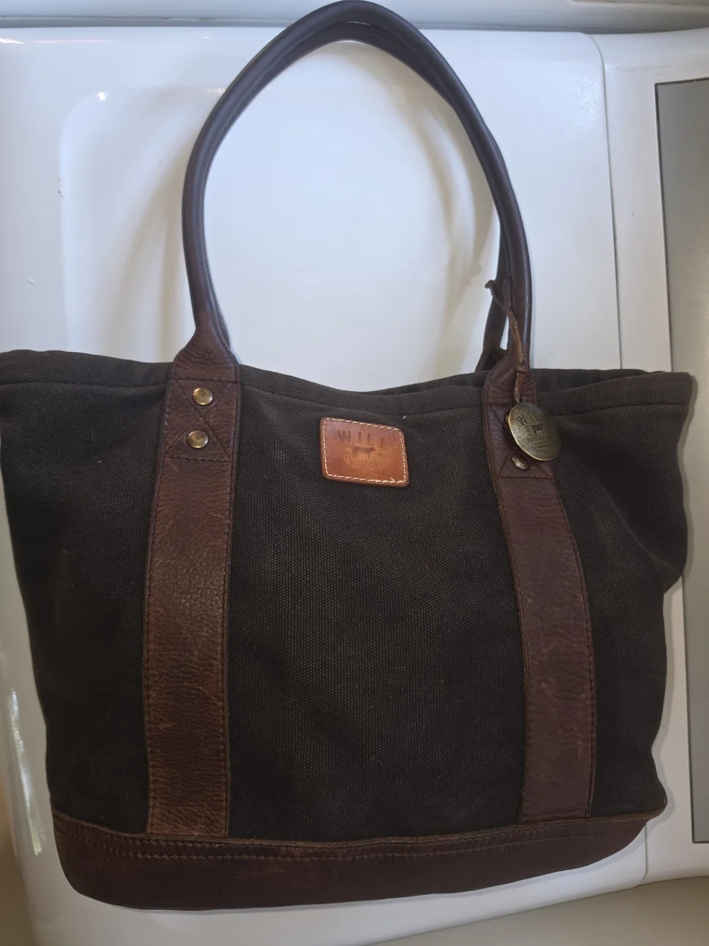 WILL Leather Goods Canvas & Leather Tote Bag w/ Original Travel Pillow
